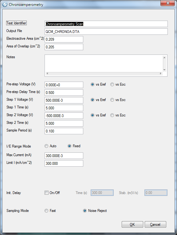 Chronoamperometry Setup Parameters